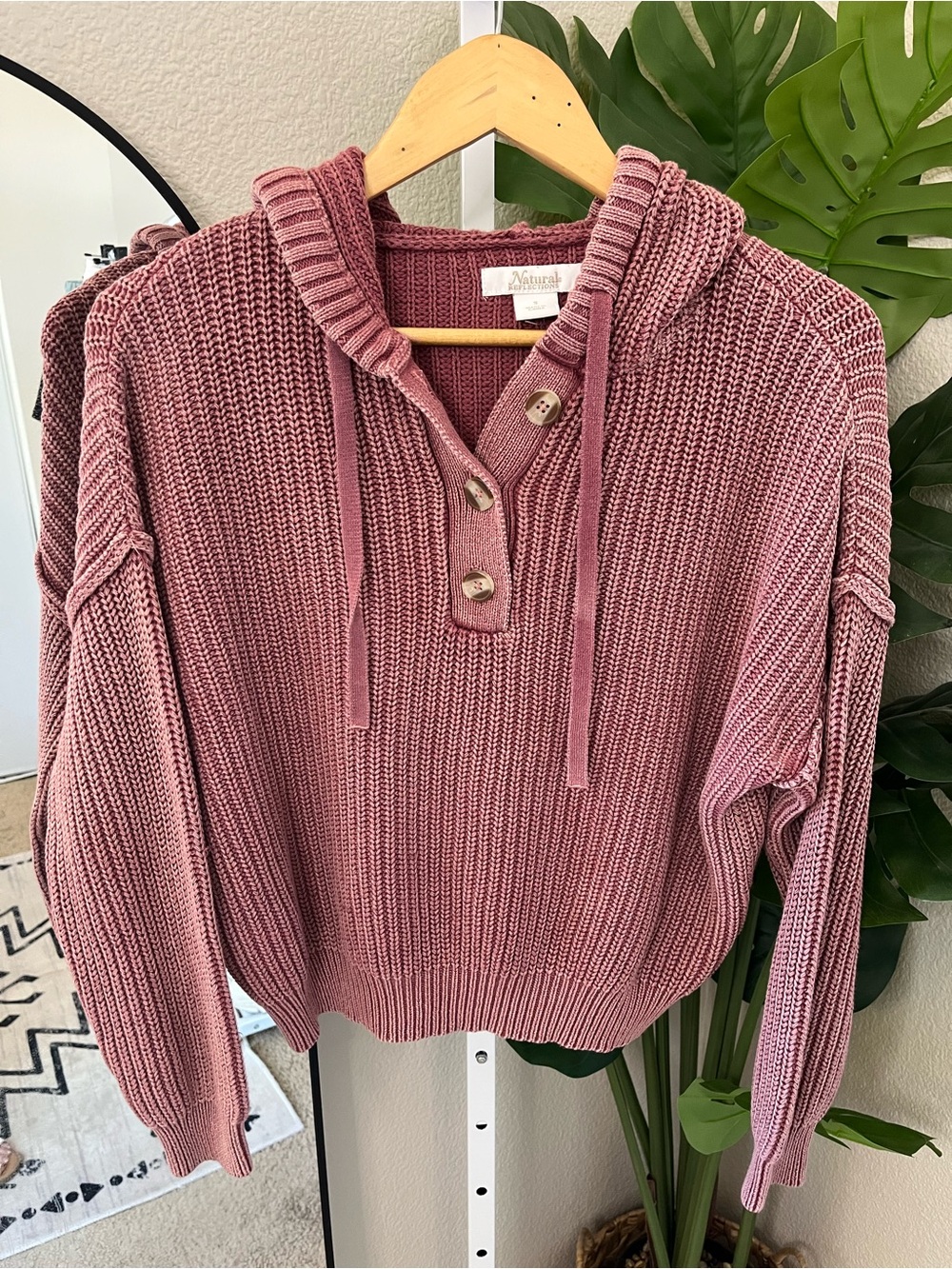 🌷 Natural Reflections Dusty Mauve Button Hooded Knit Sweater